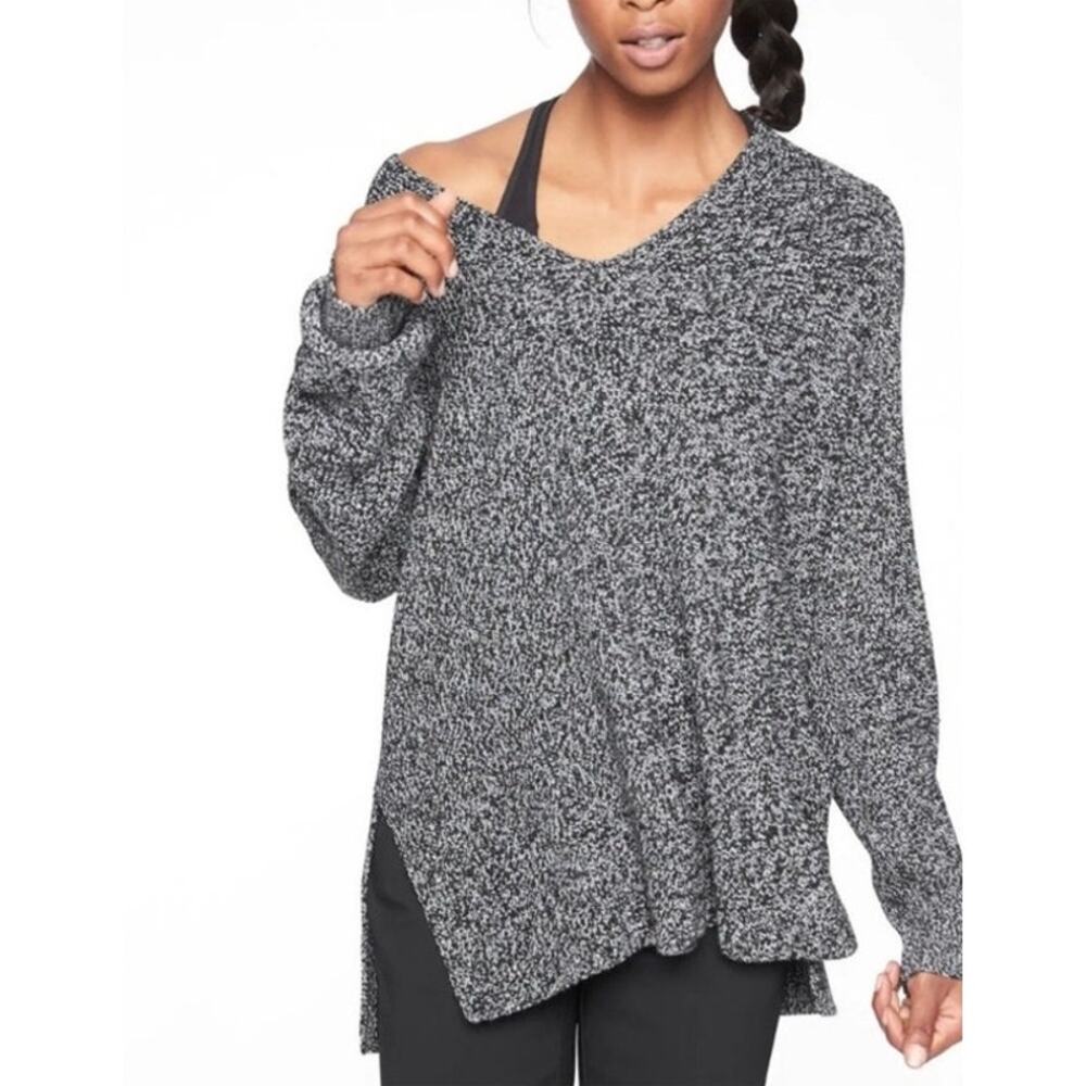 Athleta Switchback Pullover Sweater Cozy Merino Wool Black Marl Top XXS